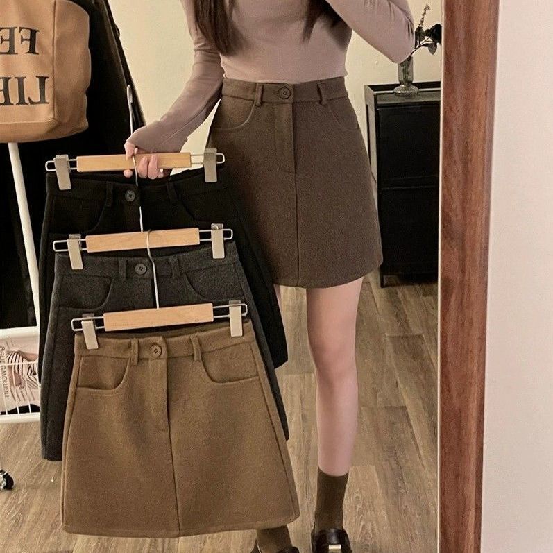 咖色毛呢半身裙女秋冬新款休闲百搭气质短裙高腰显瘦学院风a字裙|undefined
