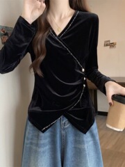 秋冬领真丝丝绒修身设计款长袖T恤上衣