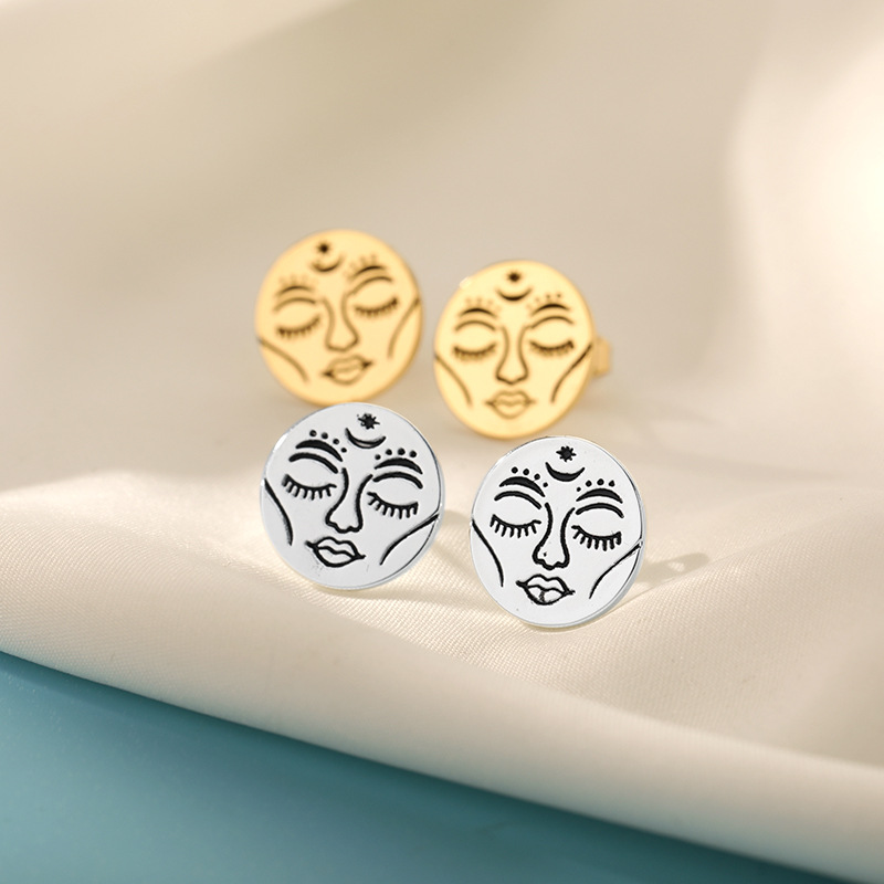 New Sun Face Earrings Oval Corrosion Smearing 18k Gold-plated Copper Earrings Female display picture 2