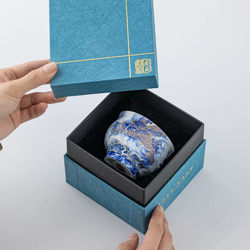 羊脂玉白瓷高档大号蓝龙主人杯陶瓷素烧茶杯单杯品茗杯茶盏带礼盒