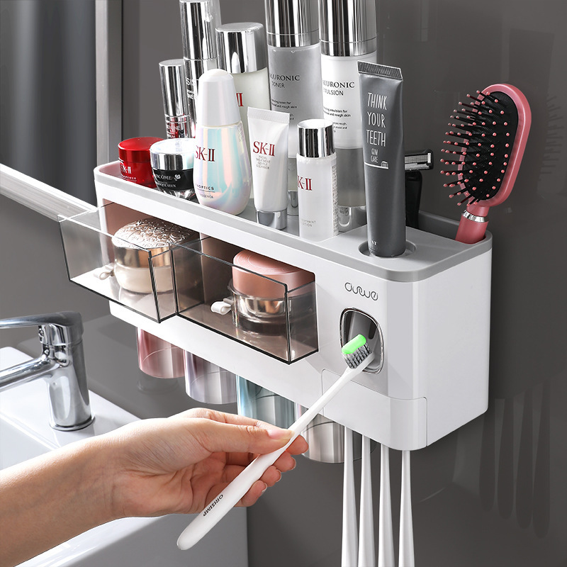 歯ブラシホルダー歯磨きコップうがい壁式トイレ穴なし壁掛けネット赤収納ケース歯筒セット|undefined