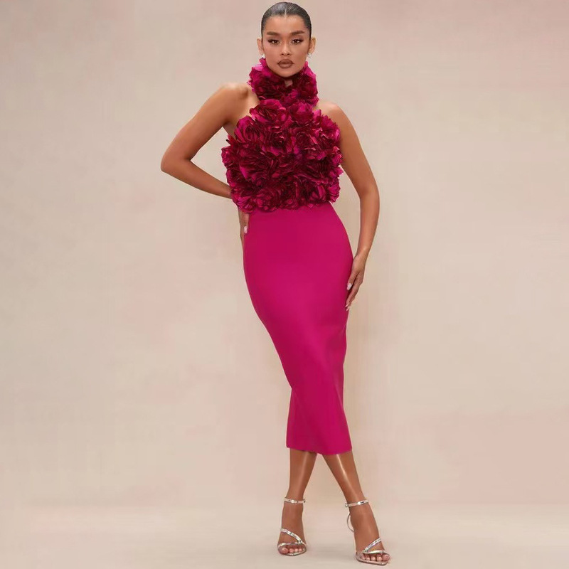 Cross-Border Rose Three-Dimensional Large Flower Halter Neck Heavy French Elegant Slim Bandage Evening Dress