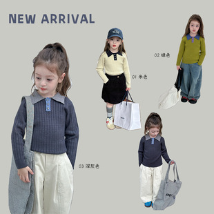 Aimo Beibei Girls' Sweater Spring and Autumn Children's Korean Style Western Slim Contrast Color Polo Sweater Top