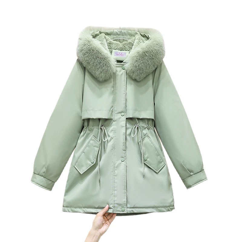 Fleece long warm down jacket, mid-length, slim fit