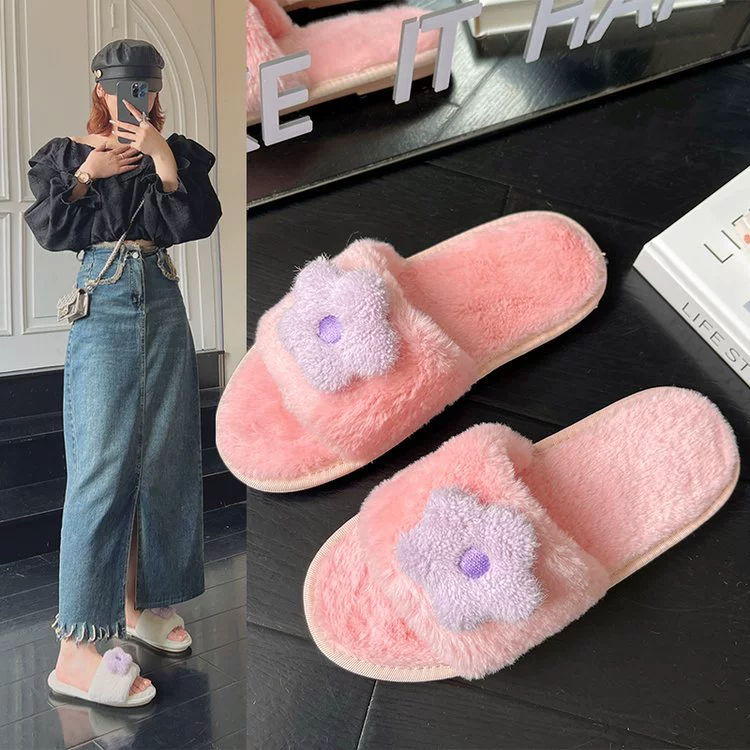Легкие нескользящие повседневные тапочки-слипоны на осень-зиму 2025 года для дома и улицы с цветочным меховым дизайном