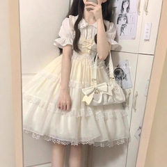 女子学生向けサマースーツ ベビードールカラーシャツ+かわいいリボン白メッシュサスペンダースカート 2点セット/単品