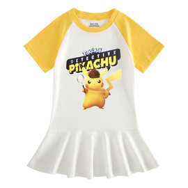 2023夏季新款童装卡通半袖女童连衣裙女宝宝皮卡丘pikachu百褶裙