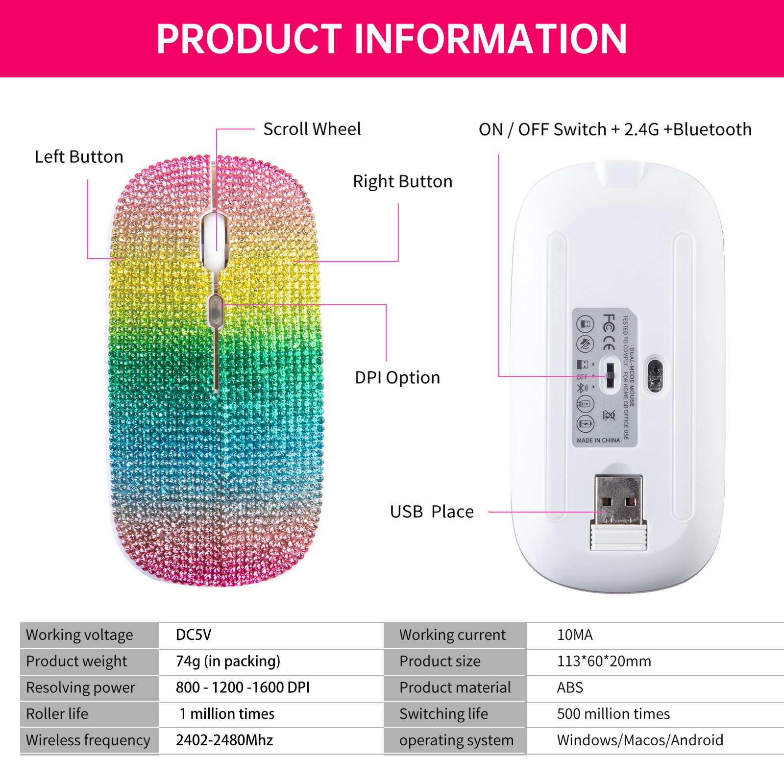 Bling Dazzling Mouse With Rhinestone Embroidery USB Bluetooth Dual Mode Illuminated Rechargeable Silent Wireless Computer Mouse_voghion.com