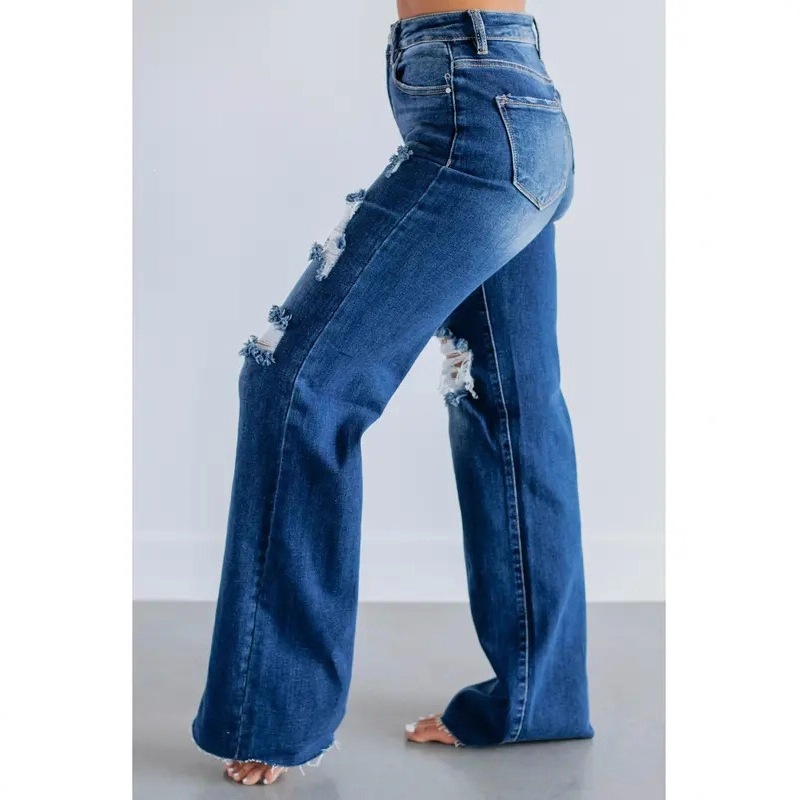 Jeans Rotos de Pierna Ancha y Cintura Alta en Mezclilla de Algodón image 4