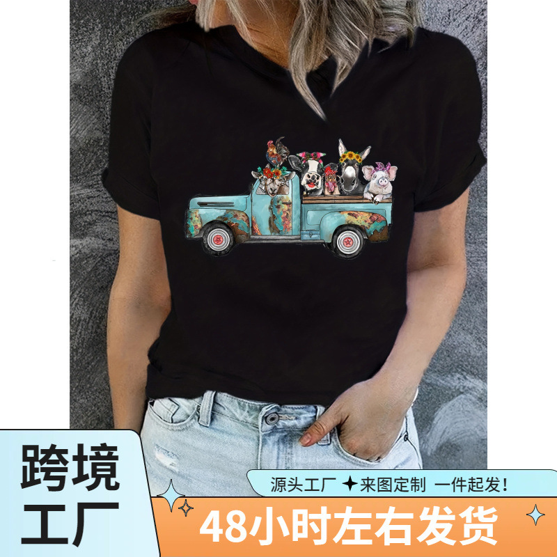 US Flag Independence Day Pickup Animals Celebration Women Print T-Shirt for Summer Leisure Street