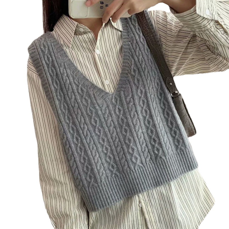 Otoño 2023 chaleco de punto con cuello en v retro de las mujeres apiladas a juego flojo estilo perezoso patrón de lino suéter corto image 6