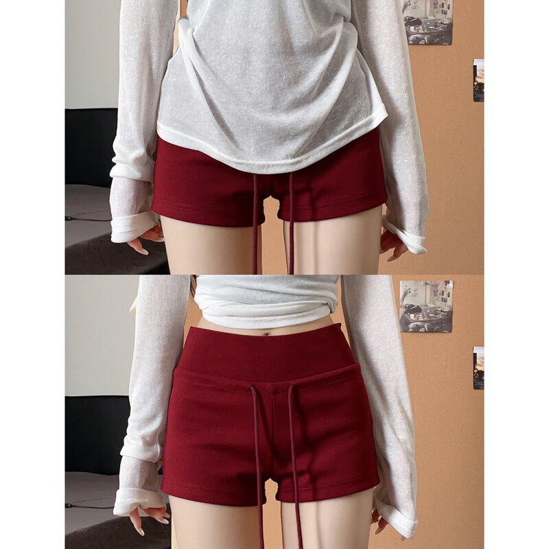 Red Spicy Girl Sports Shorts for Women, Autumn 2026 New Style, Petite Drawstring Yoga Shorts, Hip-Hugging, Slimming, Low-Waist Hot Pants