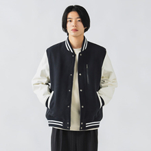 洋气土土日单BMS HEART呢子棒球服外套 日系PU皮拼接秋冬保暖棉衣