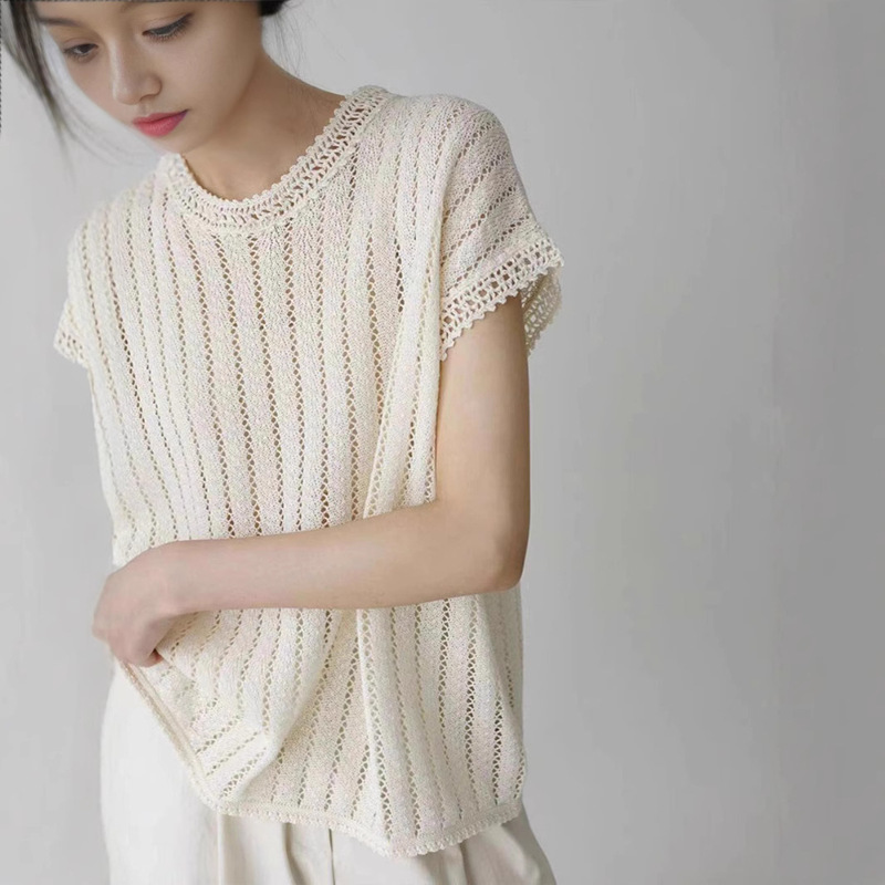 Chic Niche Light Mature Style Hollow creamy-white Ice Silk Knitted Short-sleeved T-shirt Women's Summer Loose Fashionable Top