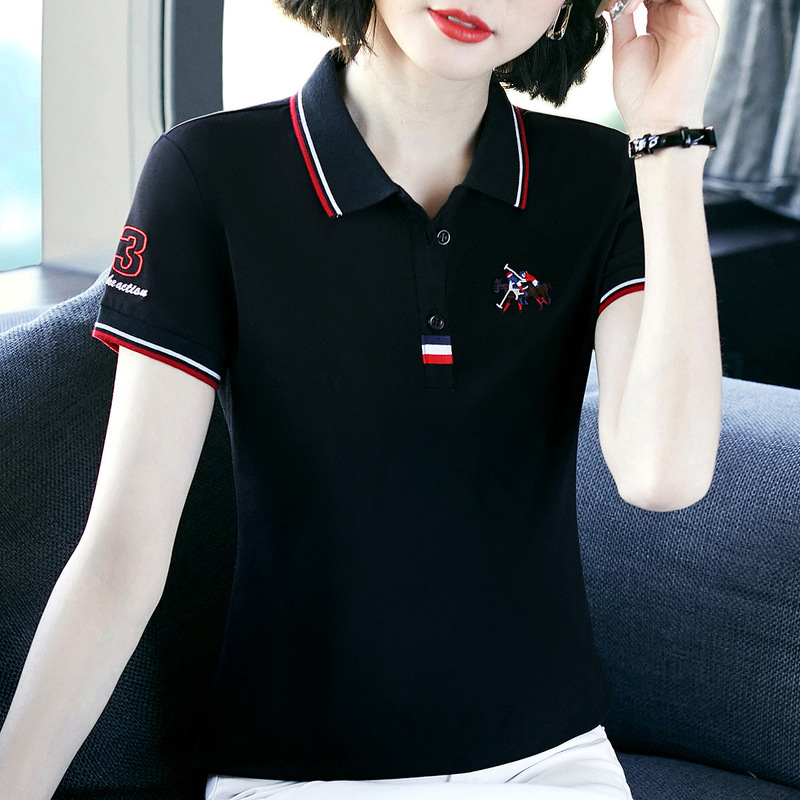 女性用襟付き半袖Tシャツ、夏用薄手2025年新作半袖トップス、おしゃれな中年ラペルポロTシャツ|undefined