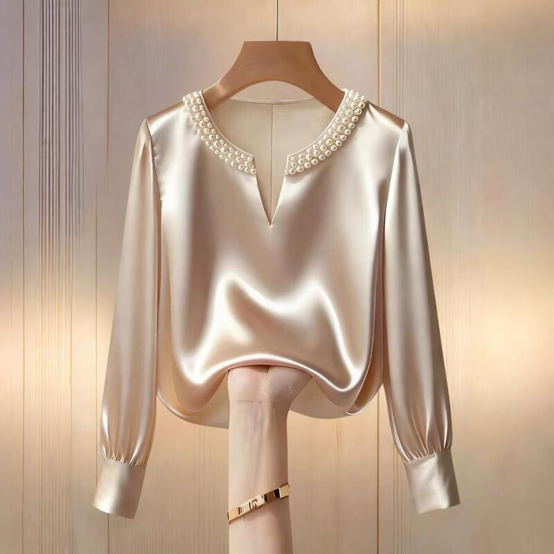 Satin Shirt for Women, Long-Sleeved V-Neck with Pearl Decoration, Elegant and Stylish Commuter Top, New Fashion Trendy Shirt
