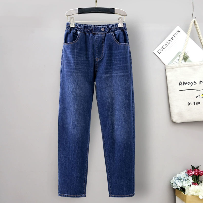 Весенние и осенние новые 200 кг эластичные джинсы женские свободные тонкие большие размеры повседневные брюки эластичные, широкие брюки