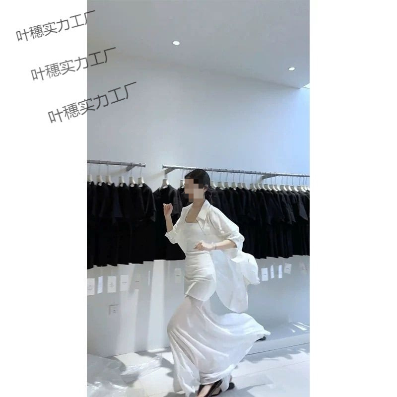 气质百搭高级感慵懒露背抽绳衬衫网纱拼接吊带裙独特设计两件套女|undefined