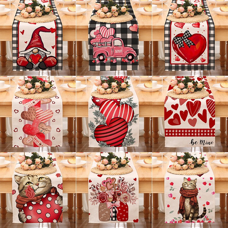 Camino de mesa temático de San Valentín para decoración transfronteriza, mantel rojo estampado de Amazon, decoración de restaurante, estilo nórdico, decoración del hogar, tira larga