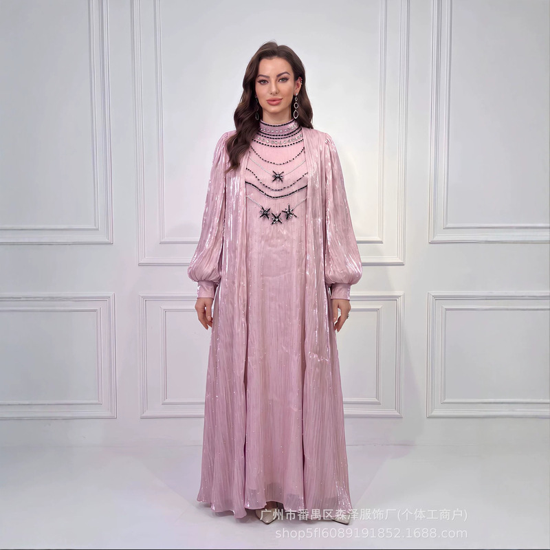 Luxurious handcrafted beaded long dress with lantern sleeves and cardigan, elegant long evening gown set for women Luxurious handcrafted beaded long dress with lantern sleeves and cardigan, elegant long evening gown set for women