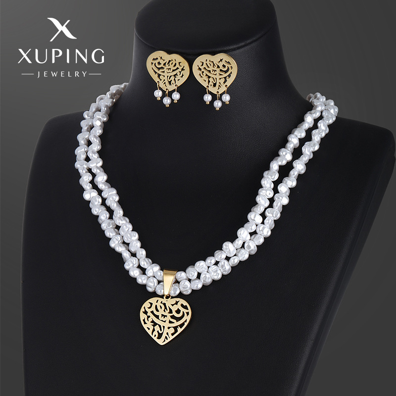 Xuping joyería de acero inoxidable amor perlas collar conjunto de otoño y invierno de moda europea y americana pendientes retro para mujeres