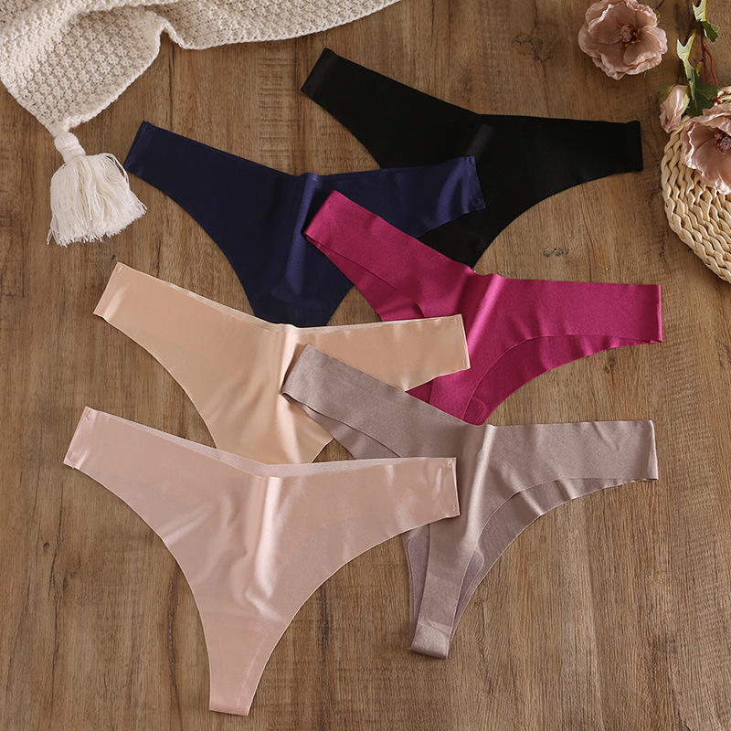 European and American Traceless V-waist Thong Women's Solid Color Seamless Ice Silk Underwear Low-waist Comfortable T-pants Women's Casual Cut