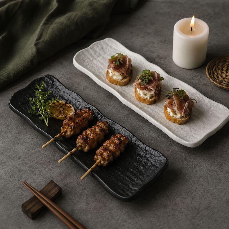 Western-Style Rectangular Plate, Barbecue Plate, Sushi Plate, Black and White Ceramic Tableware, Japanese and Nordic Style, for Home, Restaurant, Hotel Western-Style Rectangular Plate, Barbecue Plate, Sushi Plate, Black and White Ceramic Tableware, Japanese and Nordic Style, for Home, Restaurant, Hotel
