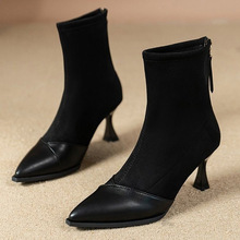 尖头弹力袜靴软皮短靴女细跟高跟鞋秋冬裸靴女单靴瘦瘦靴