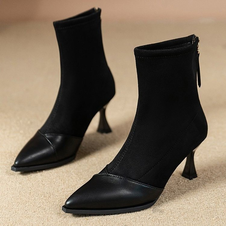 尖头弹力袜靴软皮短靴女细跟高跟鞋秋冬裸靴女单靴瘦瘦靴