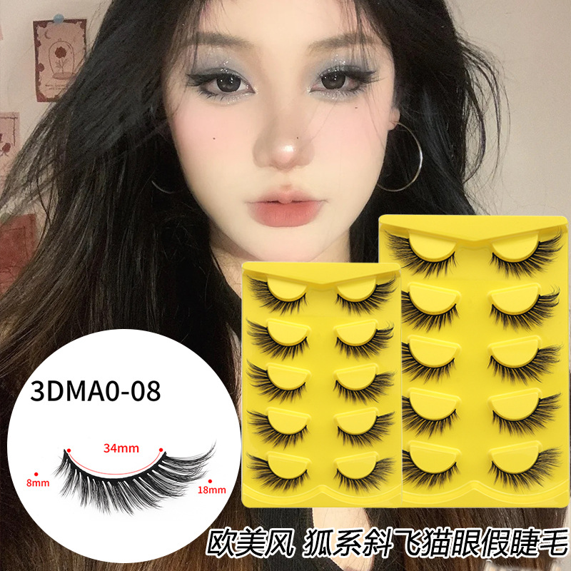 Pestañas de zorro europeas y americanas transfronterizas ojos de gato cinco pares conjunto de cola de ojo alargado multicapa tridimensional rizado pestañas falsas gruesas