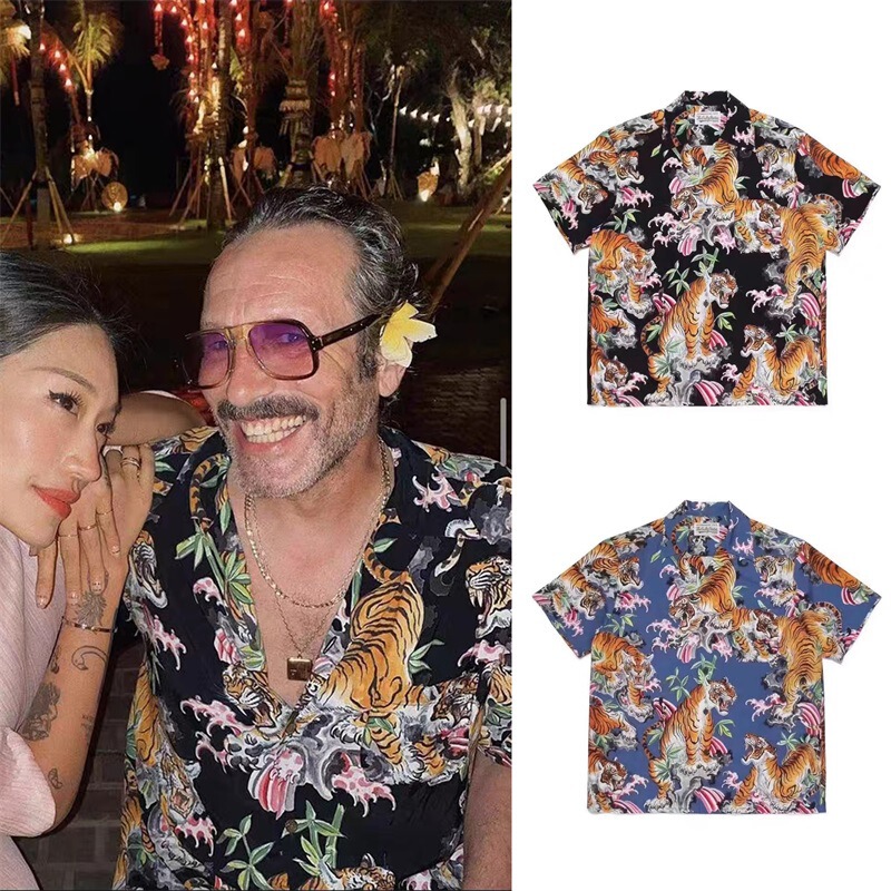 GUILTYPARTIES TIGER 22SS flowers and TIGER print loose Hawaiian short sleeve shirt men GUILTYPARTIES TIGER 22SS flowers and TIGER print loose Hawaiian short sleeve shirt men