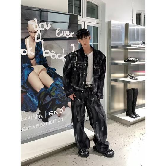 vintage fashionable artificial hand-painted Denim suit men's graffiti shoulder pad design show niche jacket fashion