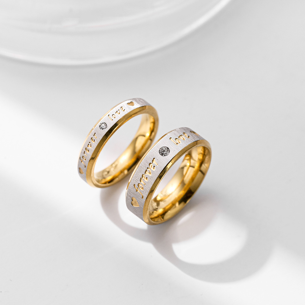 Letter Pattern Couple Gender Inlay Design Romantic Style Romantic Letter Stainless Steel Inlay Rhinestones Rings