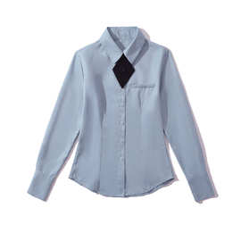 2024春季新款韩系学院风收腰显瘦长袖领带衬衣法式气质蓝色衬衫女