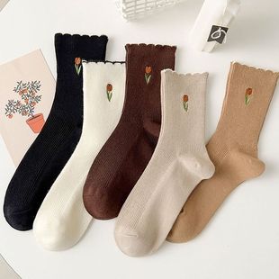 Women's lace spring and autumn mid-calf socks ins trendy brown Tulip autumn and winter Mori long all-match pile socks