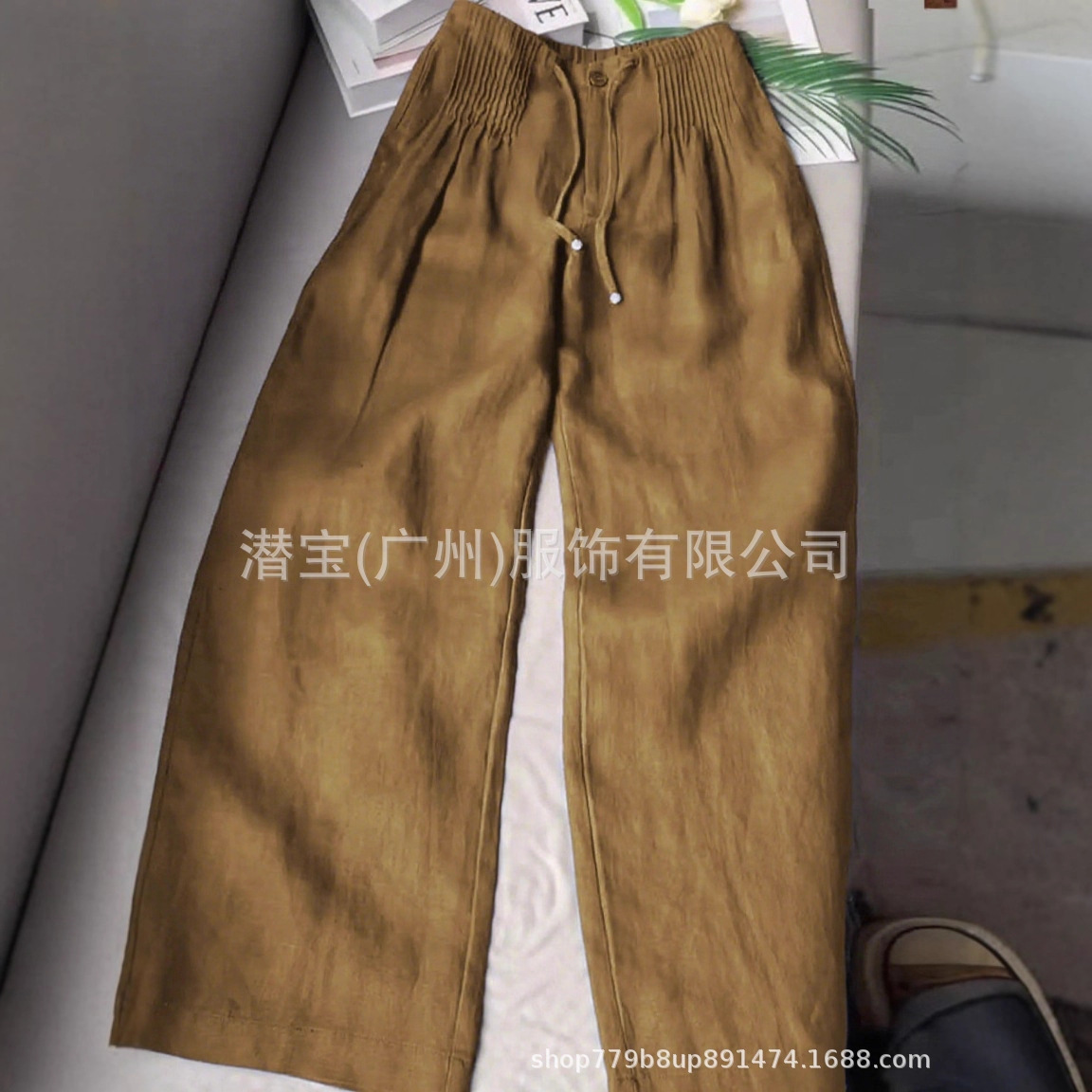 2025 New Cross-Border Fashion Elegant Women's Pants Vacation Casual Solid Color Versatile Drawstring Button Straight Wide-Leg Long Pants