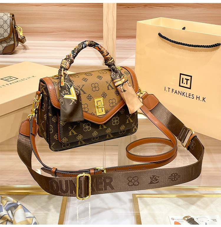 Túi đeo chéo nữ da thật dáng vuông nhỏ dung tích lớn họa tiết monogram — Cà phê/vàng đặc biệt, Cà phê/nâu, Màu kaki, Màu kaki 502 chi tiết 14