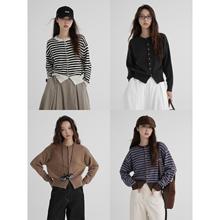 韩版秋冬新款女装‘云朵慕斯’绵羊毛条纹针织开衫圆领长袖上衣潮