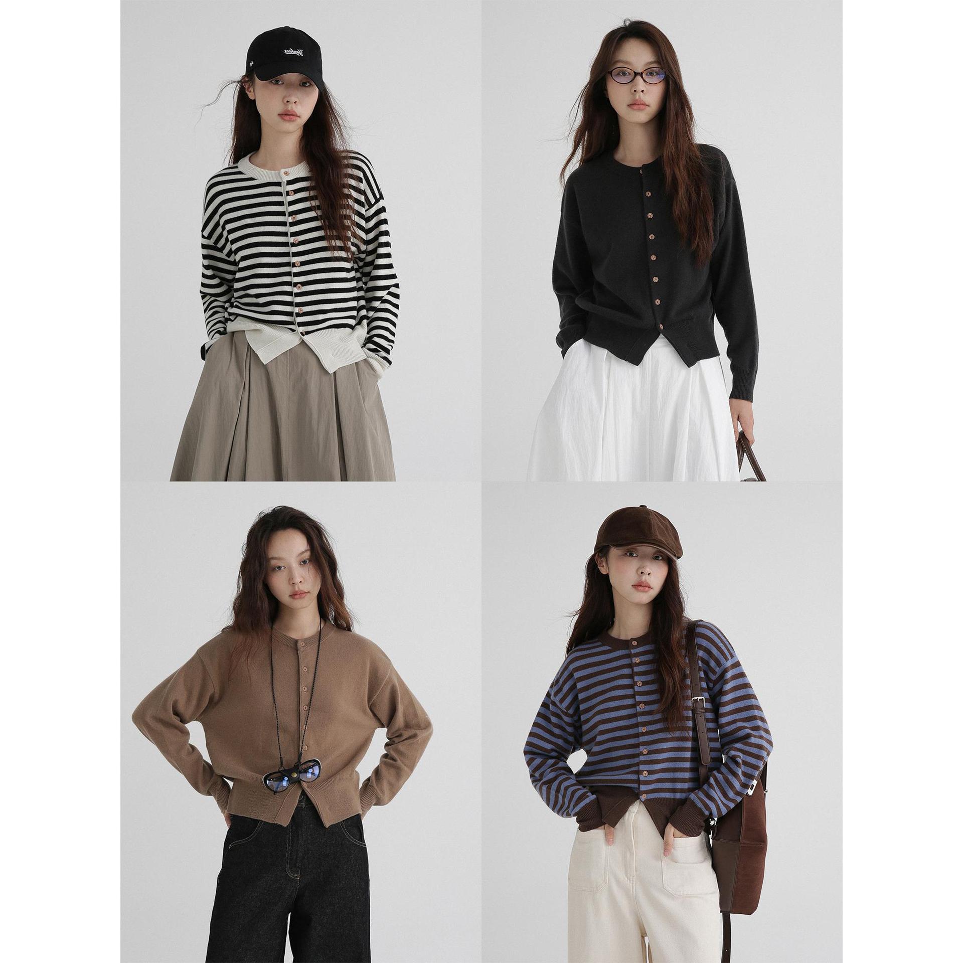 韩版秋冬新款女装‘云朵慕斯’绵羊毛条纹针织开衫圆领长袖上衣潮