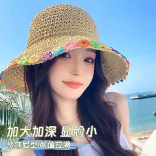 新款度假风花朵草帽夏季遮阳帽海边沙滩防晒太阳帽子夏季渔夫帽