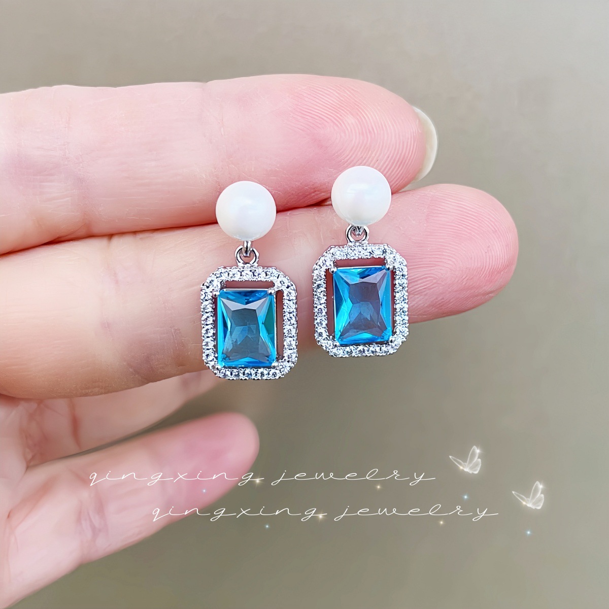 retro elegant blue square fashionable earrings with zircon from…