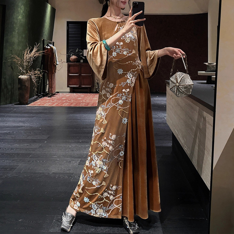 【朝夕】丝绒珠片绣花旗袍拼接连衣裙|undefined