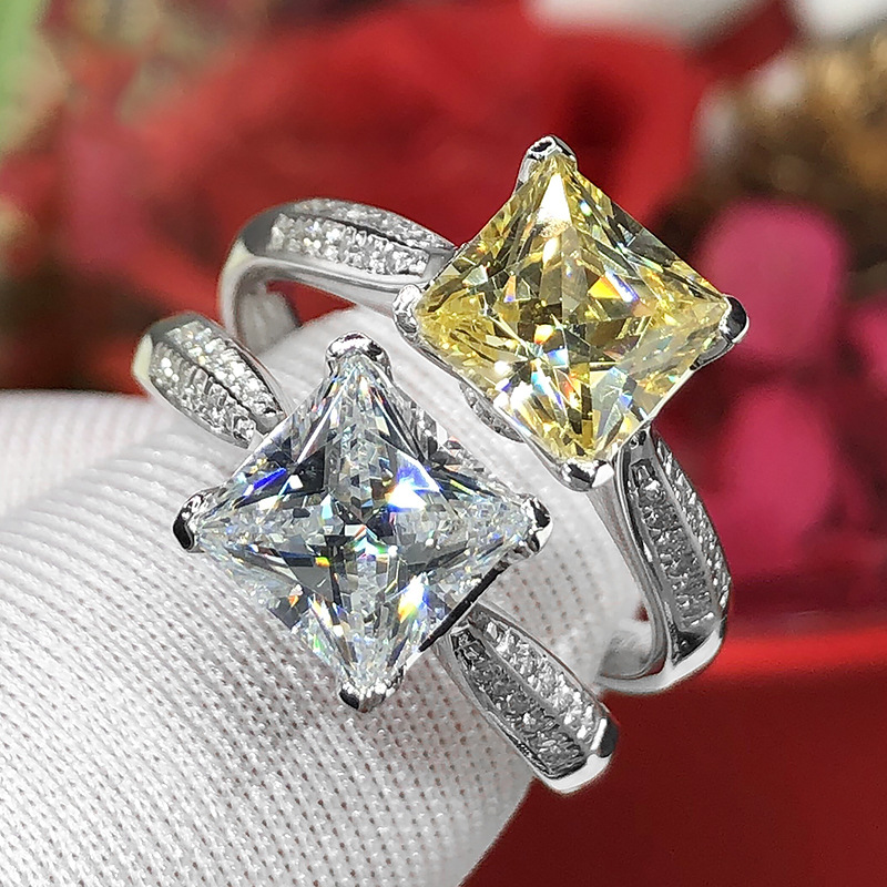 Princess Square Diamond Ring Women's European and American Large 2 karat Yellow Diamond Plated White Gold Imitation Moissanite Light Luxury Wedding Ring