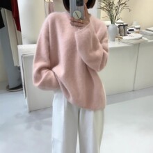 软糯奶fufu仿水貂绒套头毛衣女秋冬外穿宽松慵懒毛茸茸针织上衣潮