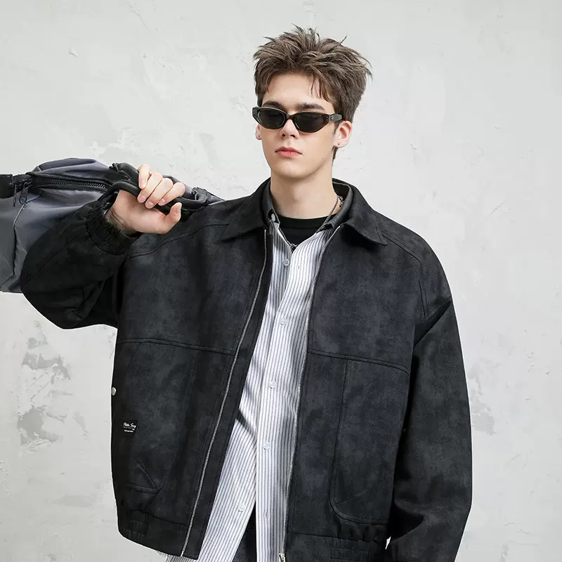 OOTD跨境大码春秋复古巴恩风老钱风潮牌高街飞行夹克翻领高级感