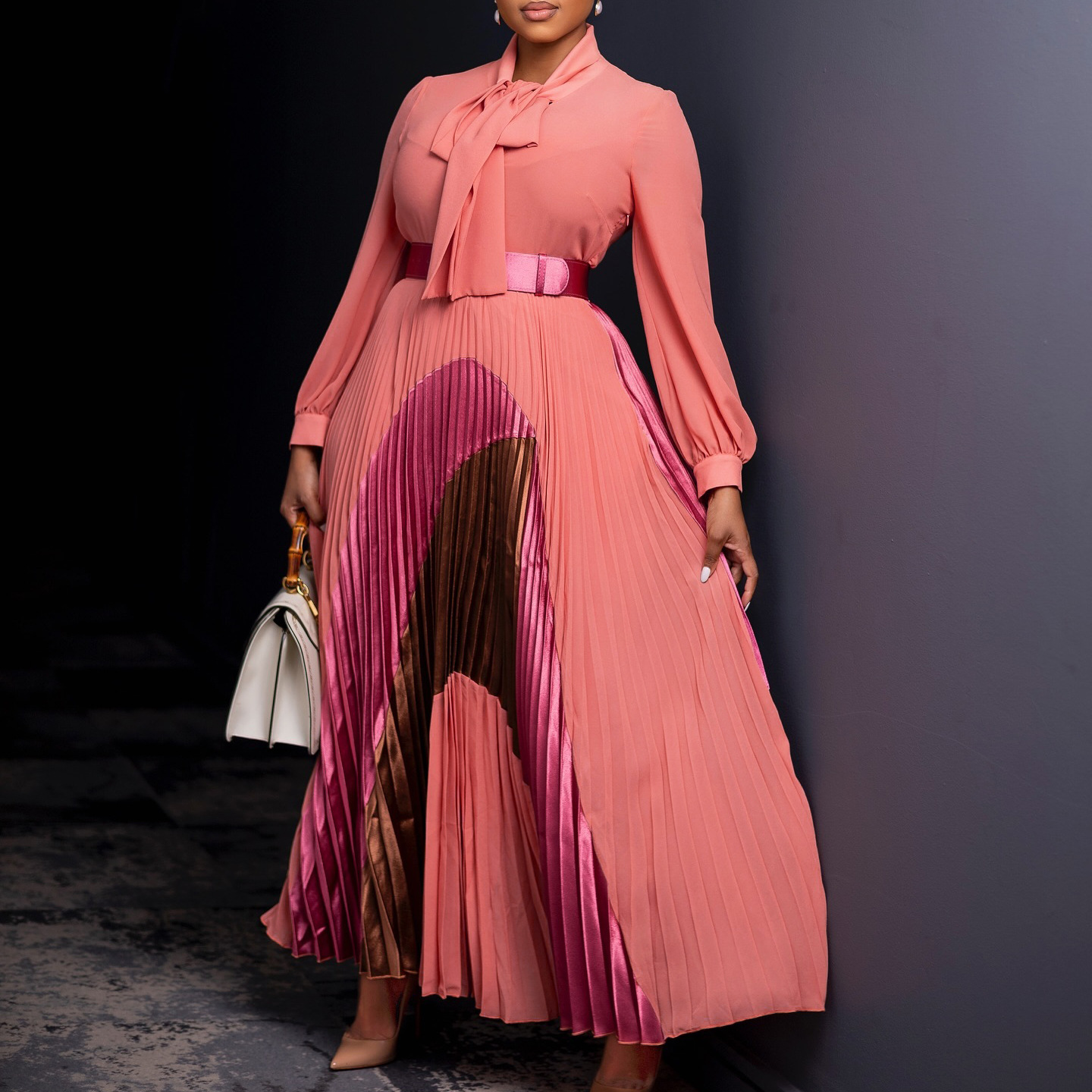 500g Weight Maxi Long Dress Dress Length Type Wholesale Women's Elegant Belt Color Block Cocktail Party Shirt Collar Long Sleeve Sheath Dress