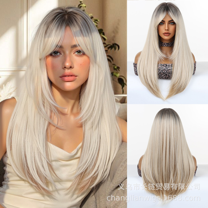Wig for Women, Blonde, Smooth with Curly Ends, Dyed at the Top, Full Head, Heat-Resistant, Fashionable, Natural, Everyday Wigs