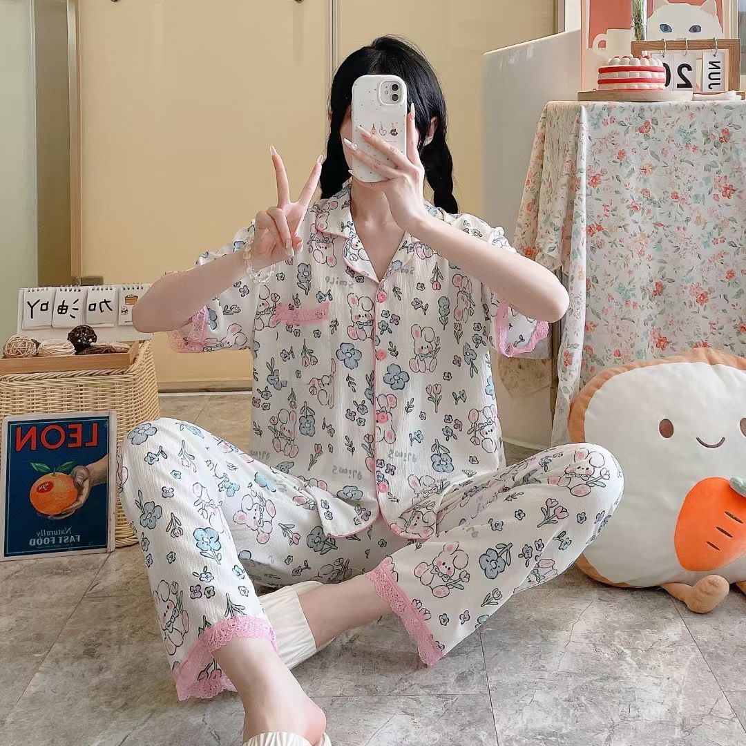 Pijamas de algodón burbuja al por mayor transfronterizos pantalones de manga corta de verano para mujer Cárdigan dulce japonés con traje de ropa para el hogar de encaje