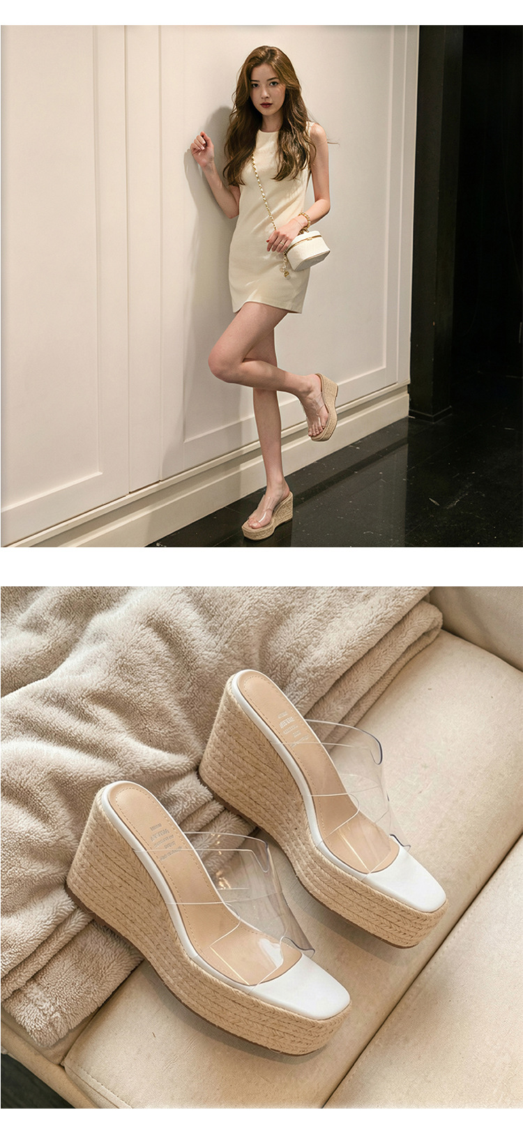 Sandal cao gót nữ hở mũi đế xuồng đan rơm, gót 9 cm — màu trắng, màu mơ chi tiết 14