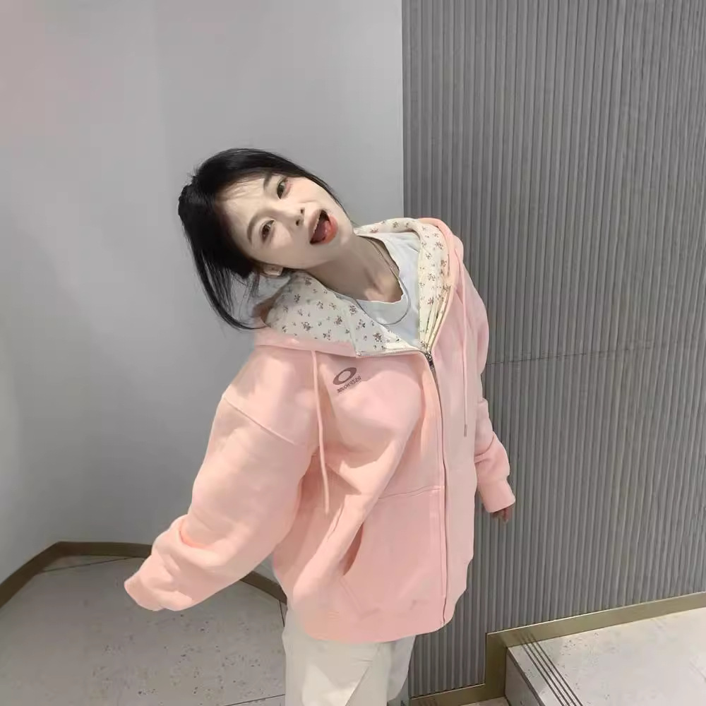 Pink Floral Sweet College-style Hooded Sweatshirt Coat Women's Spring and Autumn 2024 New oversize Loose Top
